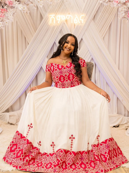 Red Ethiopian Traditional Dress  – New Design tilet Habesha Outfit for Weddings and Cultural Celebrations