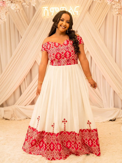 Red Ethiopian Traditional Dress  – New Design tilet Habesha Outfit for Weddings and Cultural Celebrations