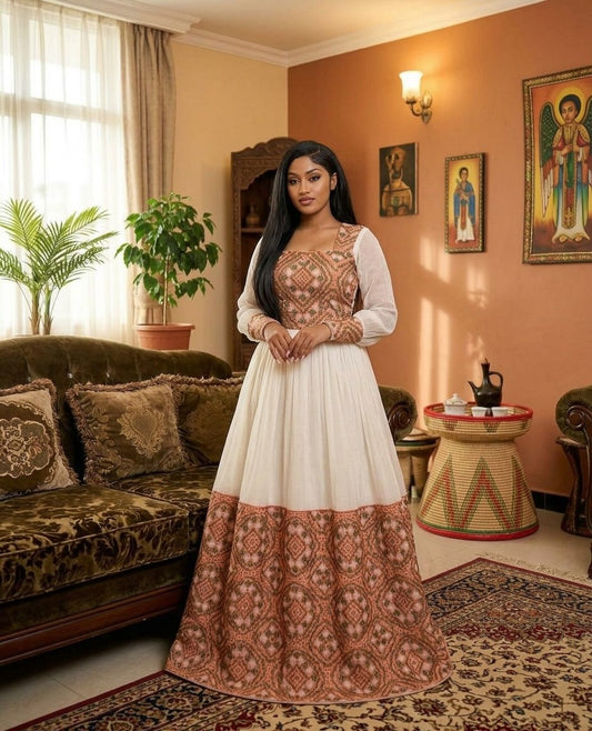 Women's Red Handwoven Cotton Eritrean Zuria Custom Handwoven | Traditional Ethiopian Dress with Tibeb Border
