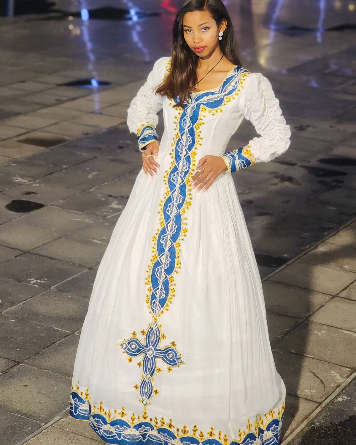 Women's blue Modern Cotton Habesha Dress for Cultural Events | Traditional Ethiopian Dress with Tibeb Border