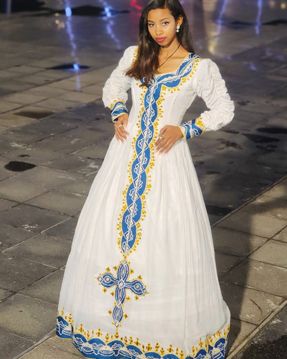 Women's blue Modern Cotton Habesha Dress for Cultural Events | Traditional Ethiopian Dress with Tibeb Border