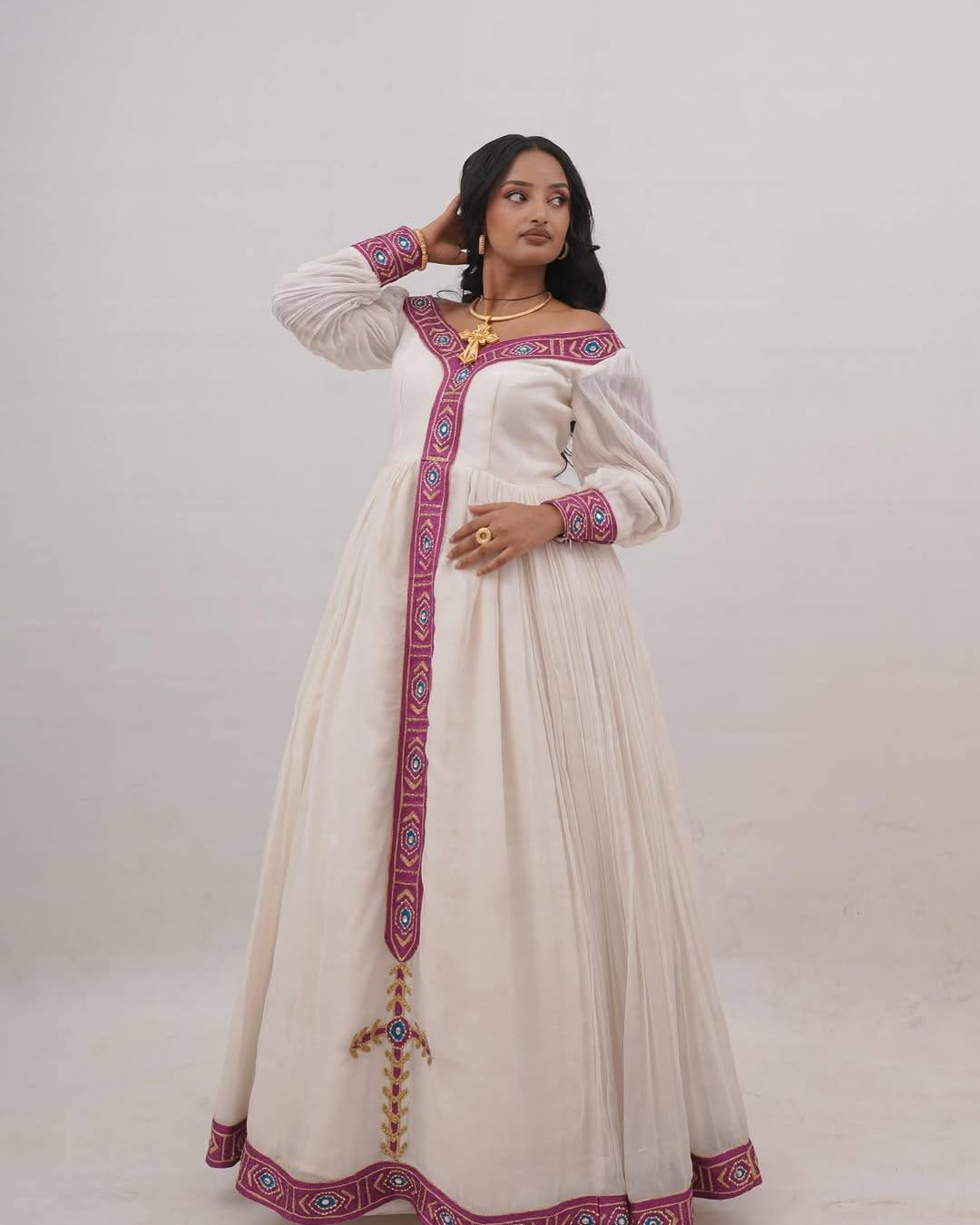 Women's pink Traditional Cotton Habesha Kemis for Cultural Events | Traditional Ethiopian Dress with Tilf Border