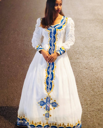 Women's blue Modern Cotton Habesha Dress for Cultural Events | Traditional Ethiopian Dress with Tibeb Border