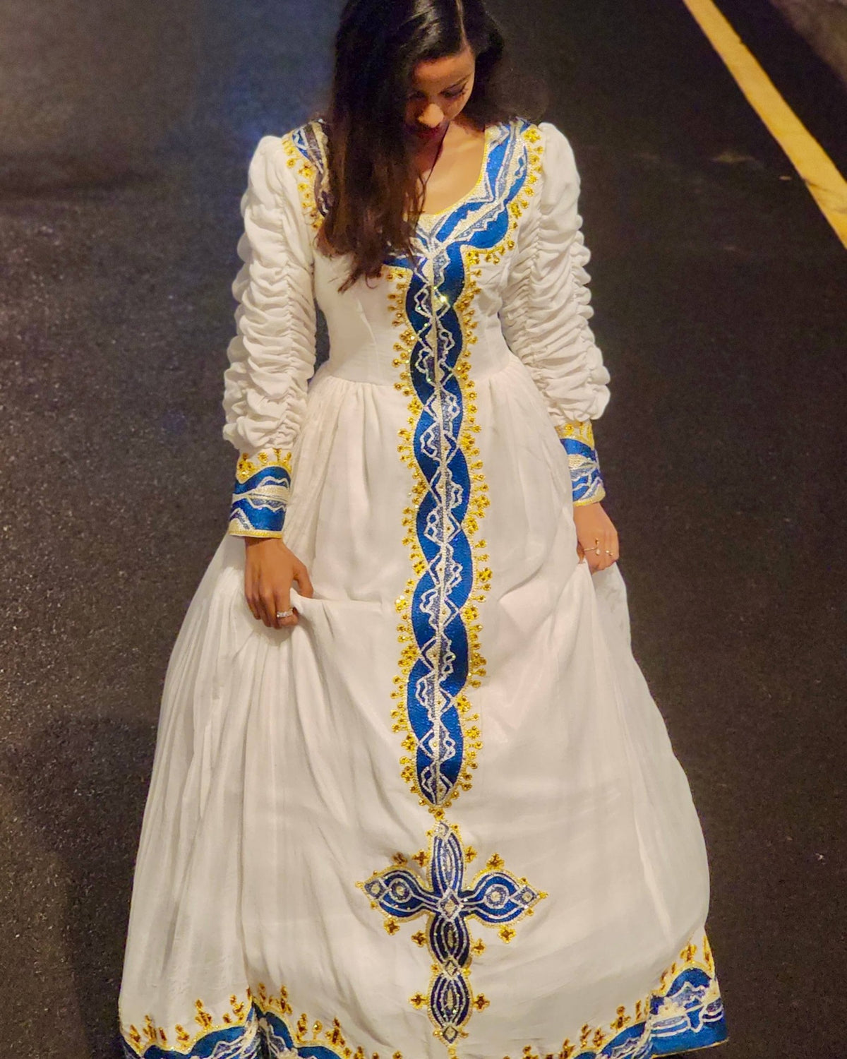 Women's blue Modern Cotton Habesha Dress for Cultural Events | Traditional Ethiopian Dress with Tibeb Border