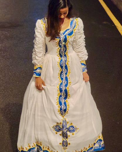 Women's blue Modern Cotton Habesha Dress for Cultural Events | Traditional Ethiopian Dress with Tibeb Border