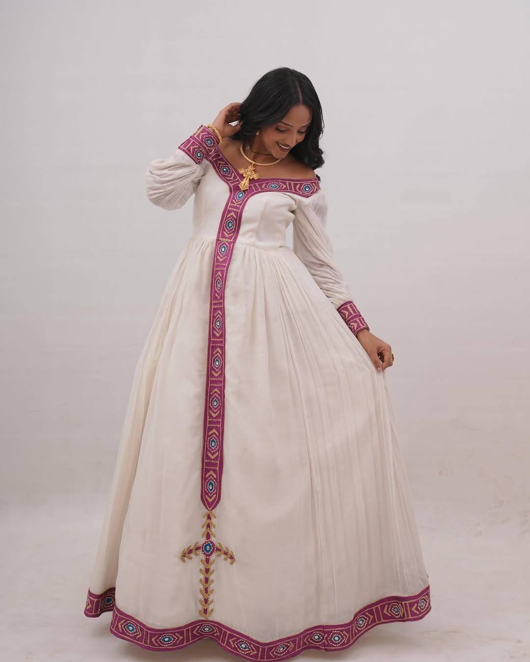 Women's pink Traditional Cotton Habesha Kemis for Cultural Events | Traditional Ethiopian Dress with Tilf Border
