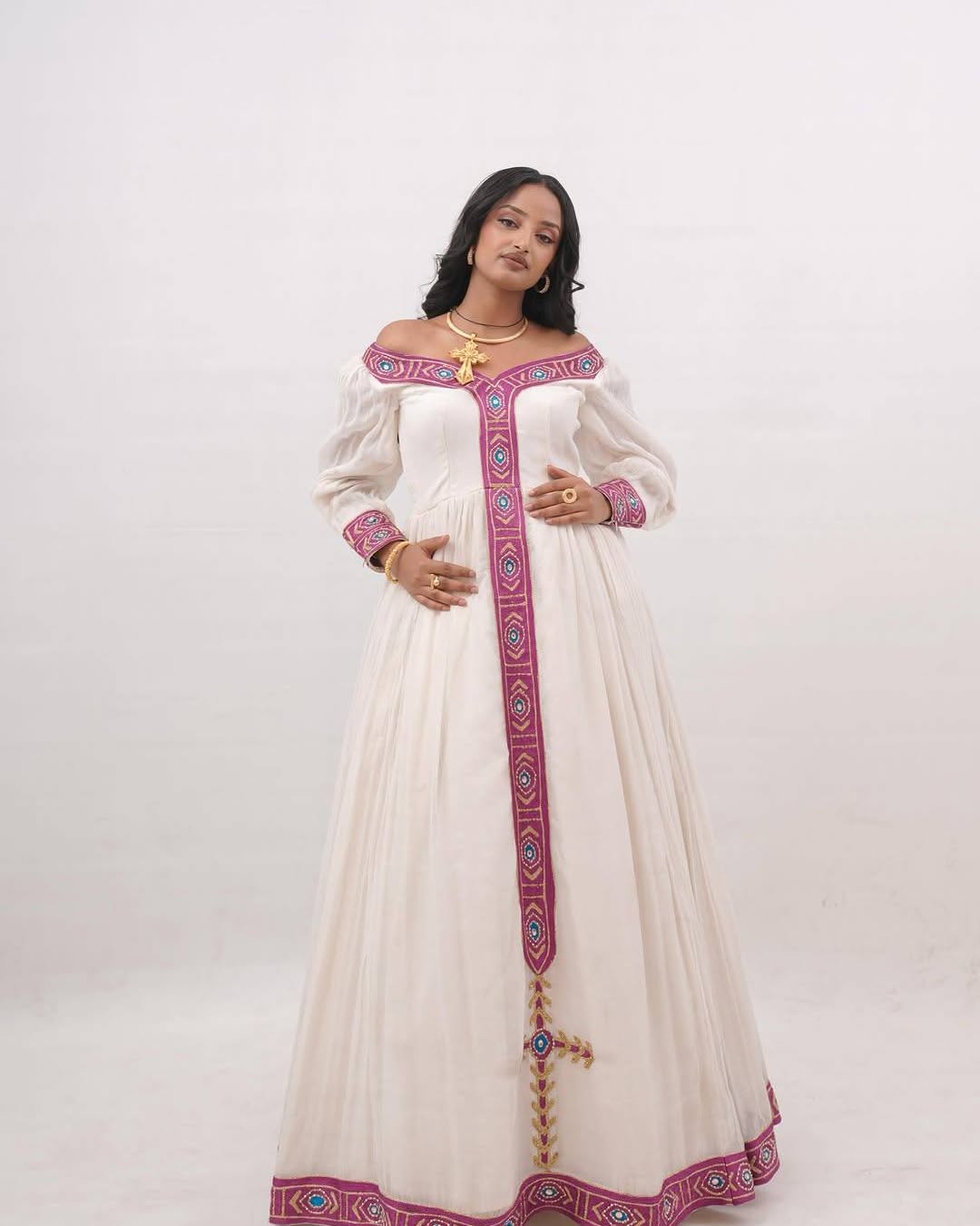 Women's pink Traditional Cotton Habesha Kemis for Cultural Events | Traditional Ethiopian Dress with Tilf Border