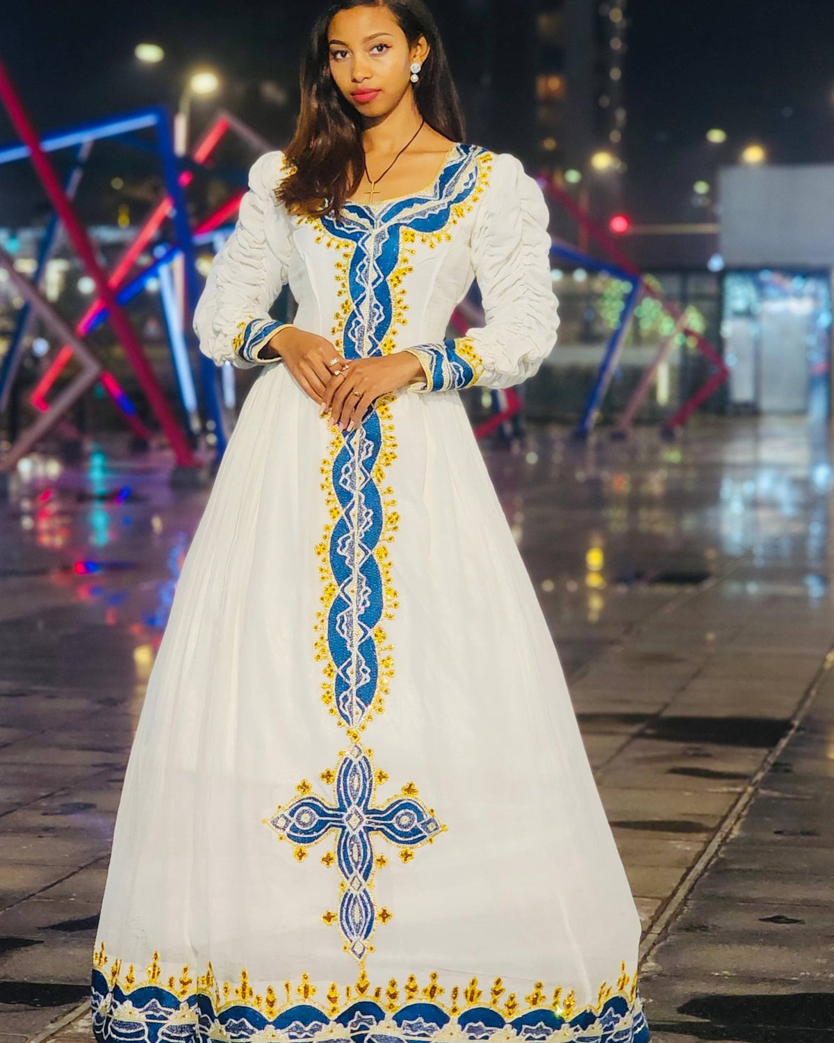 Women's blue Modern Cotton Habesha Dress for Cultural Events | Traditional Ethiopian Dress with Tibeb Border