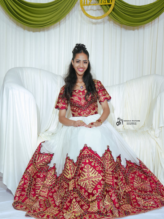 Red Habesha wedding  Zuria – Fitted Cotton Silhouette with Tilf Trim for Women bridal's