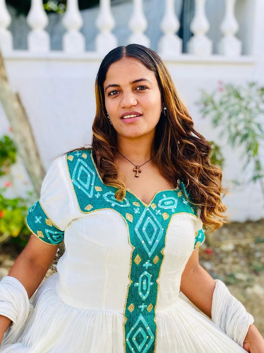 Green Embroidered Ethiopian Kemis with Matching Netela – White Cotton Traditional Dress