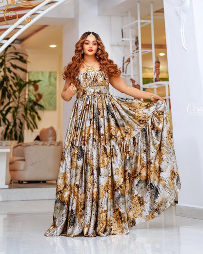 Brown Chiffon Habesha Dress – Elegant Flowing Ethiopian Zuria for Weddings, Melse & Formal Occasions