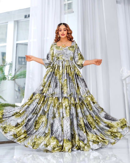 Green Chiffon Habesha Dress – Elegant Ethiopian Chiffon Zuria for Weddings & Celebrations