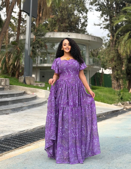 Purple Chiffon Habesha Dress – Elegant Flowing Ethiopian Zuria for Weddings & Special Occasions