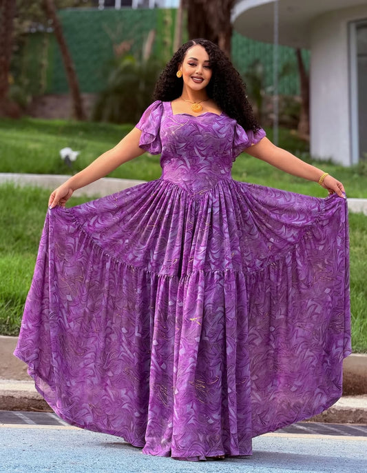 Purple Chiffon Habesha Dress – Elegant Flowing Ethiopian Zuria for Weddings & Special Occasions