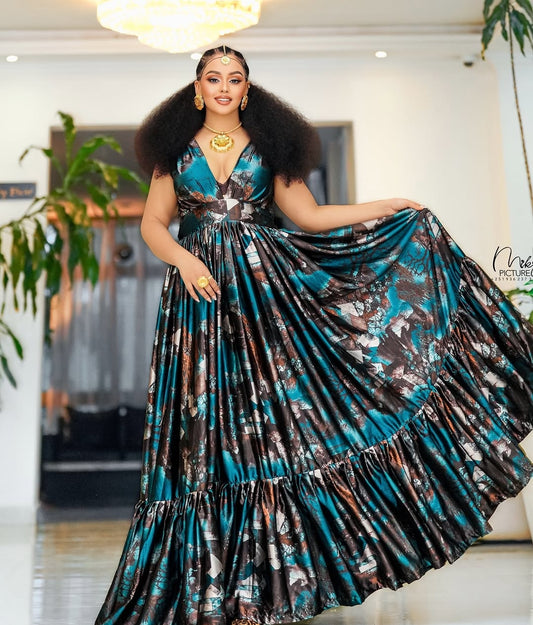 Blue Chiffon Ethiopian Dress – Modern Flowing Habesha Outfit for Weddings and Cultural Celebrations