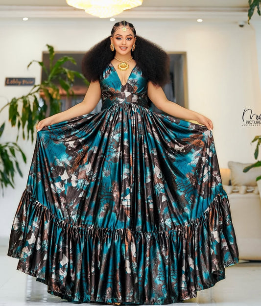 Blue Chiffon Ethiopian Dress – Modern Flowing Habesha Outfit for Weddings and Cultural Celebrations