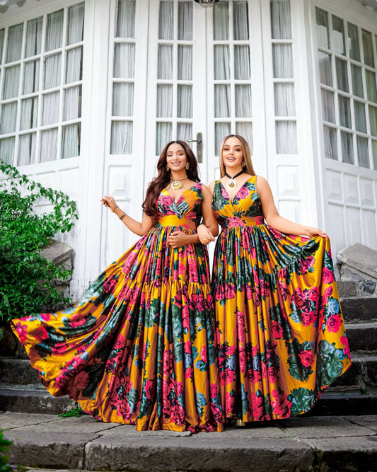 Multicolor Chiffon Habesha Dress Matching Tibeb Family Set for Women