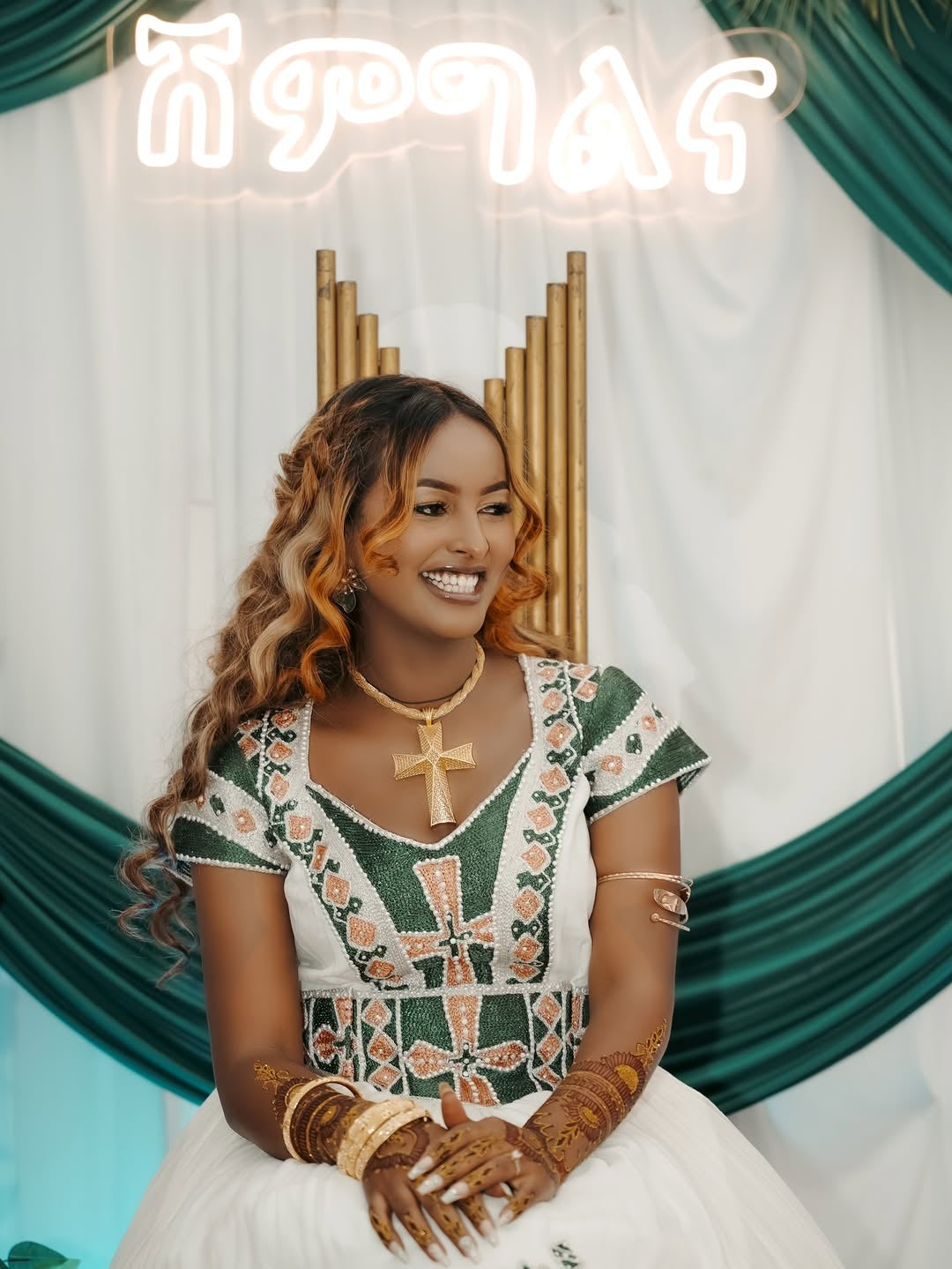 Gold and Green Habesha wedding Dress – Ethiopian Bridal Outfit with Cultural Tibeb