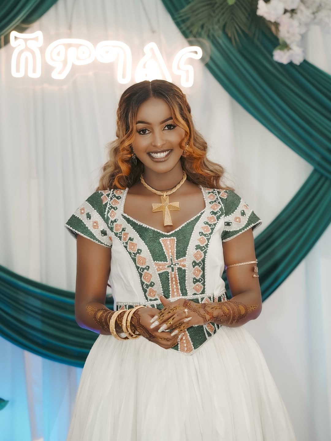 Gold and Green Habesha wedding Dress – Ethiopian Bridal Outfit with Cultural Tibeb