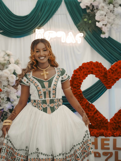 Gold and Green Habesha wedding Dress – Ethiopian Bridal Outfit with Cultural Tibeb