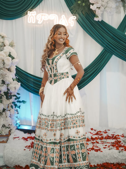 Gold and Green Habesha wedding Dress – Ethiopian Bridal Outfit with Cultural Tibeb