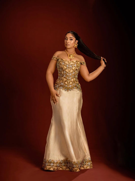 Gold Ethiopian Traditional Mermaid Dress – Luxurious Habesha Outfit for Weddings and High-End Celebrations