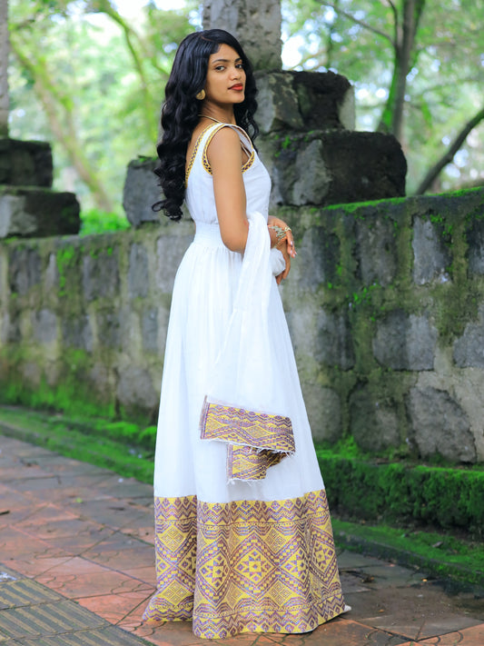 Gold Habesha Kemis Handwoven Cotton Wide Tibeb for Brides