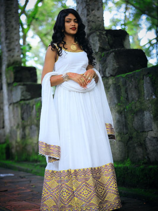Gold Habesha Kemis Handwoven Cotton Wide Tibeb for Brides