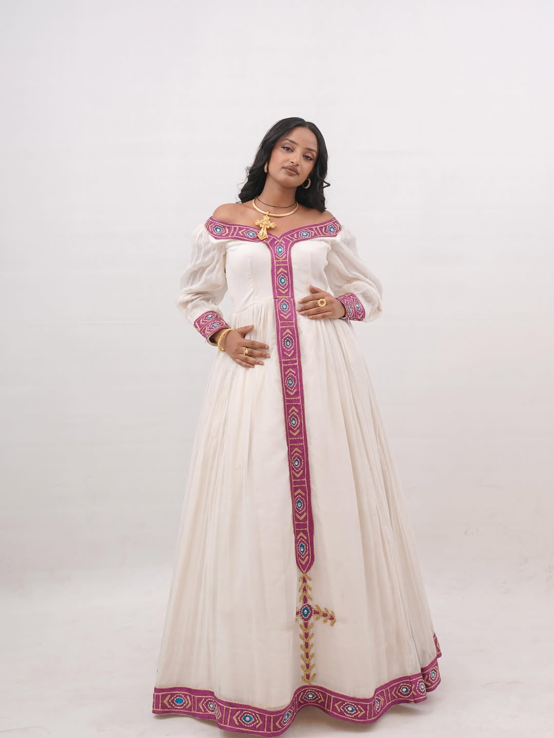 Modern Off-the-Shoulder Habesha Kemis with Traditional Embroidery & Long Sleeves for Weddings & Cultural Occasions