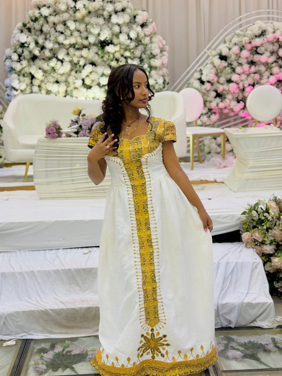Women's Gold Modern Cotton Habesha Dress Custom Handwoven | Traditional Ethiopian Dress with Tibeb Border
