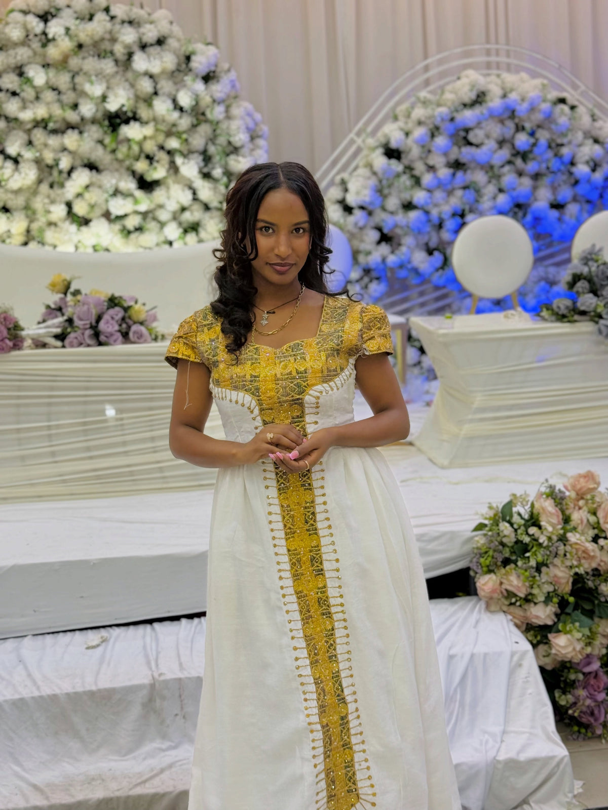 Women's Gold Modern Cotton Habesha Dress Custom Handwoven | Traditional Ethiopian Dress with Tibeb Border