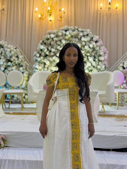 Women's Gold Modern Cotton Habesha Dress Custom Handwoven | Traditional Ethiopian Dress with Tibeb Border