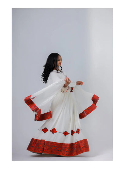 Red Tilf Ethiopian Dress | Traditional Zuria with Netela for Wedding