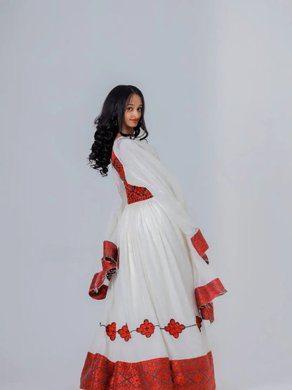 Red Tilf Ethiopian Dress | Traditional Zuria with Netela for Wedding