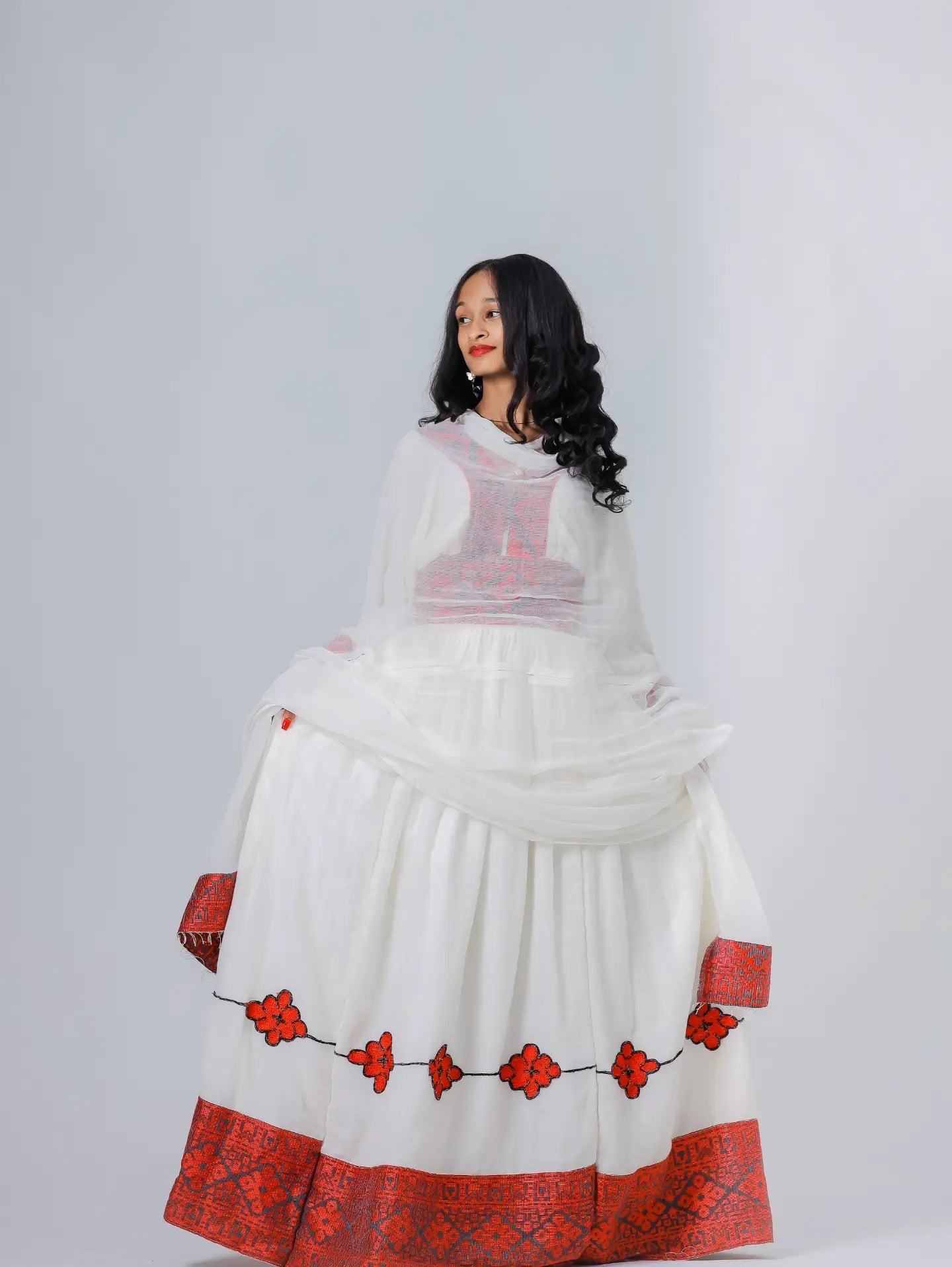 Red Tilf Ethiopian Dress | Traditional Zuria with Netela for Wedding