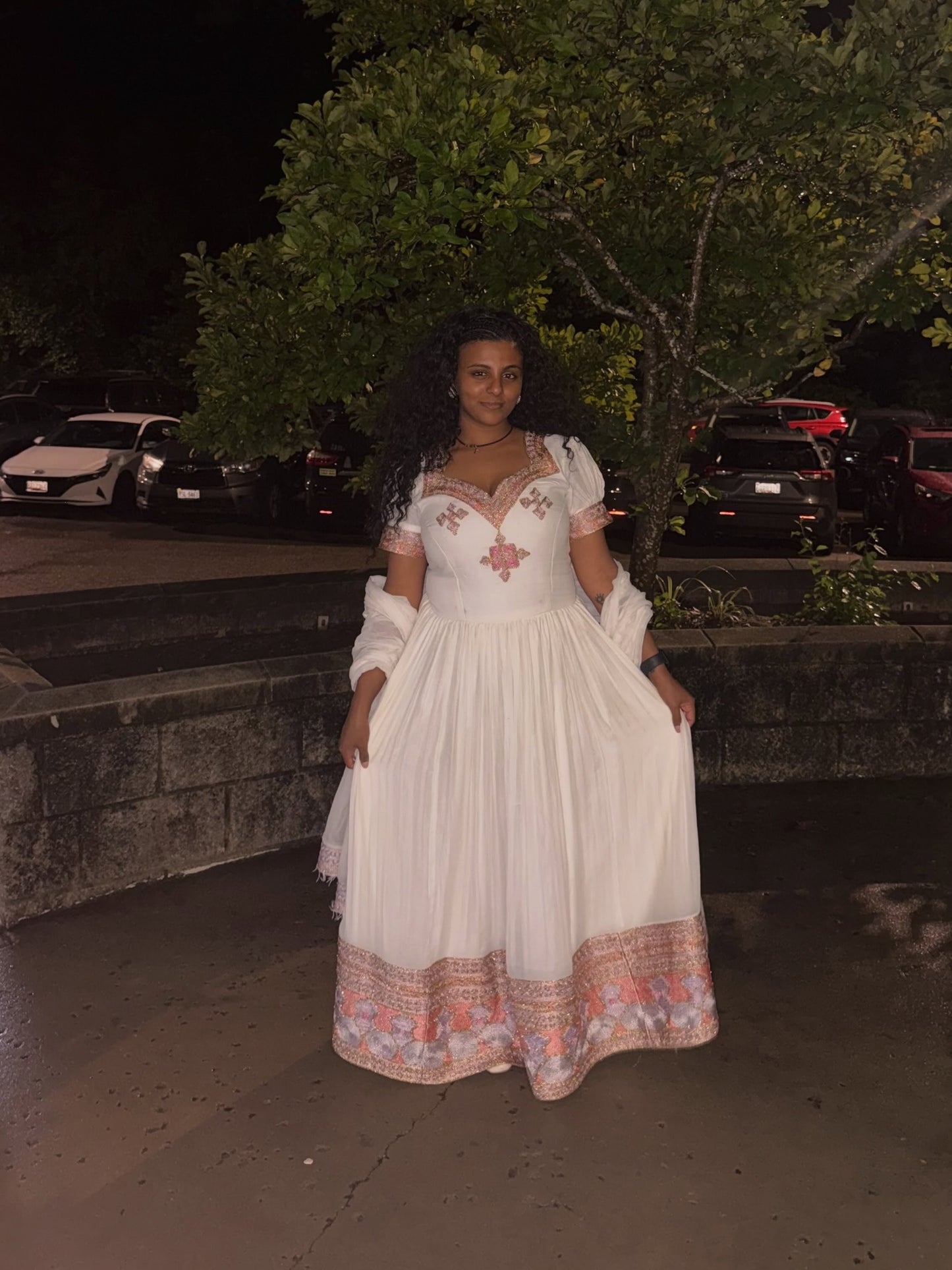 Red Ethiopian Dress - Chiffon Blend Traditional Woven Border for Holiday Celebrations