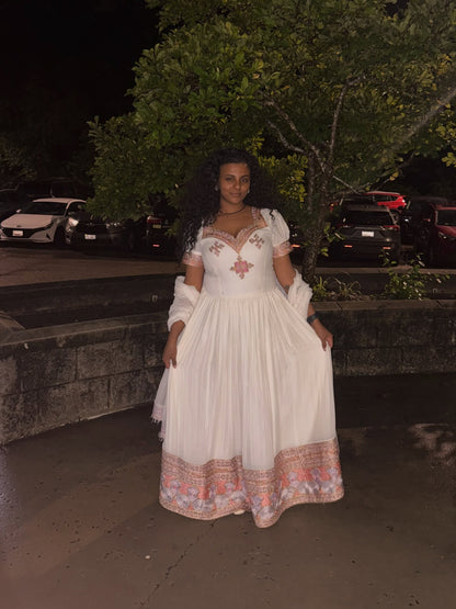 Red Ethiopian Dress - Chiffon Blend Traditional Woven Border for Holiday Celebrations