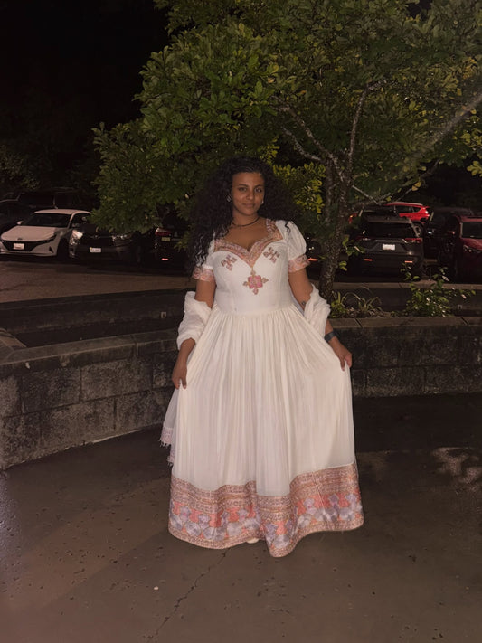 Red Ethiopian Dress - Chiffon Blend Traditional Woven Border for Holiday Celebrations