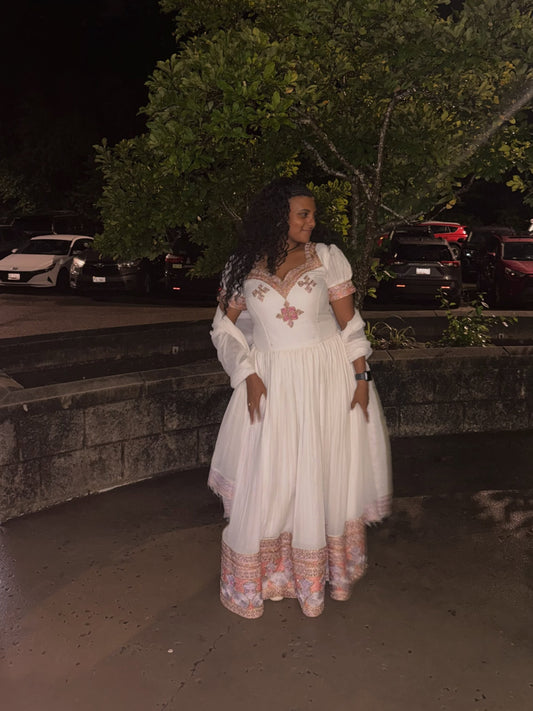 Red Ethiopian Dress - Chiffon Blend Traditional Woven Border for Holiday Celebrations