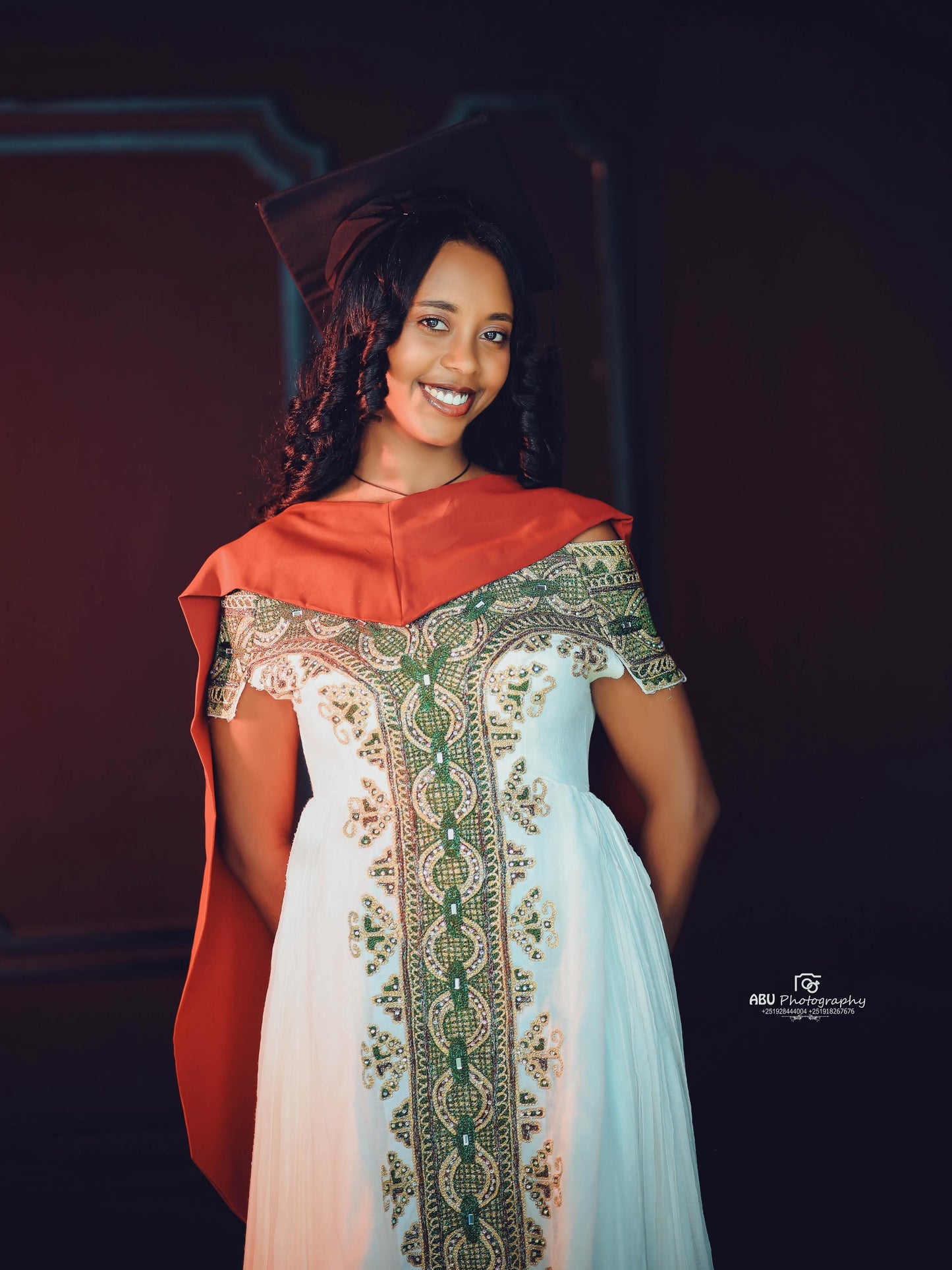 Green Habesha zuria in soft chiffon featuring gold embroidery for graduation celebrations