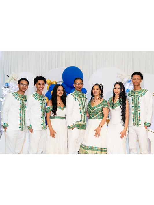 Emerald green-themed matching Family set Habesha Kemis Set by Enku Design – Ethiopian Traditional Dress