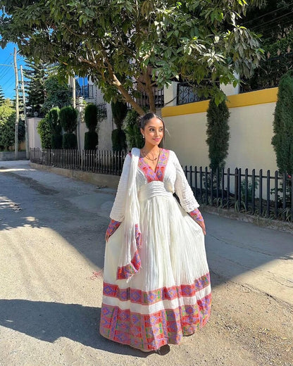 Pink Habesha Zuria – Luxurious Hand-Embroidered Ethiopian Traditional Dress for Weddings, Cultural Festivals, and Special Occasions