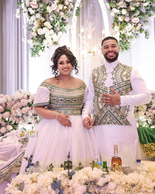 Green Bliss Habesha Kemis Couple Set by Enku Design – Wedding Outfit