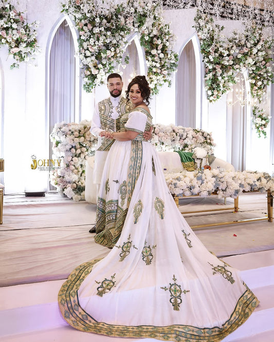 Green Bliss Habesha Kemis Couple Set by Enku Design – Wedding Outfit