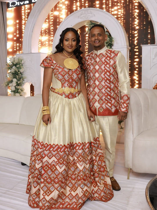 Red Ethiopian Couple Set – Modern Matching Traditional Wedding Outfits for Bride & Groom