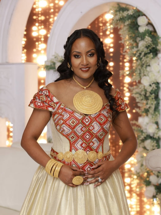 Red Ethiopian Couple Set – Modern Matching Traditional Wedding Outfits for Bride & Groom