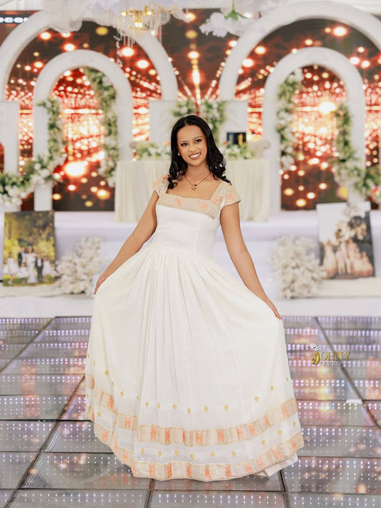 Gold Habesha Zuria – Luxurious White and Gold Hand-Embroidered Ethiopian Wedding Dress for Brides and Melsi