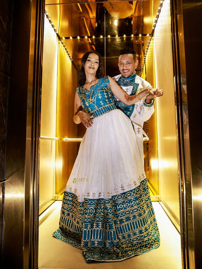 Green Ethiopian Wedding Matching Couple Set – Elegant Habesha Outfit for Bride and Groom for Weddings, Engagement Ceremonies and Cultural Celebrations