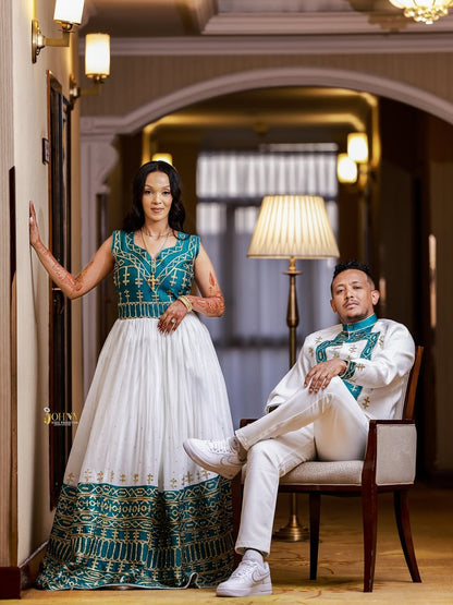 Green Ethiopian Wedding Matching Couple Set – Elegant Habesha Outfit for Bride and Groom for Weddings, Engagement Ceremonies and Cultural Celebrations