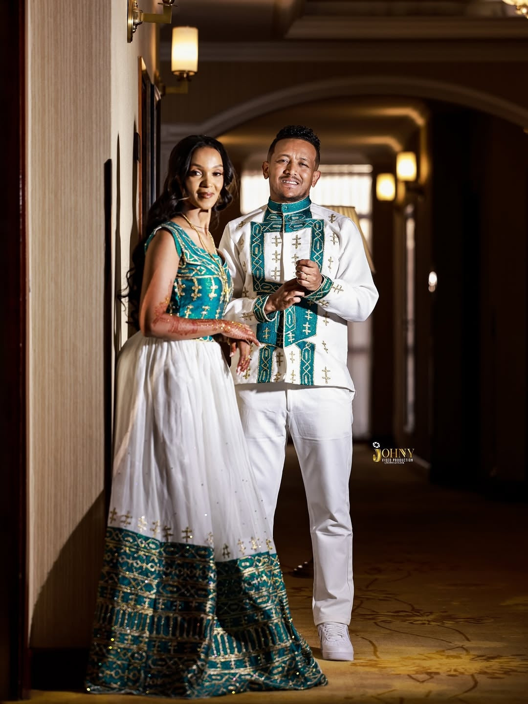 Green Ethiopian Wedding Matching Couple Set – Elegant Habesha Outfit for Bride and Groom for Weddings, Engagement Ceremonies and Cultural Celebrations